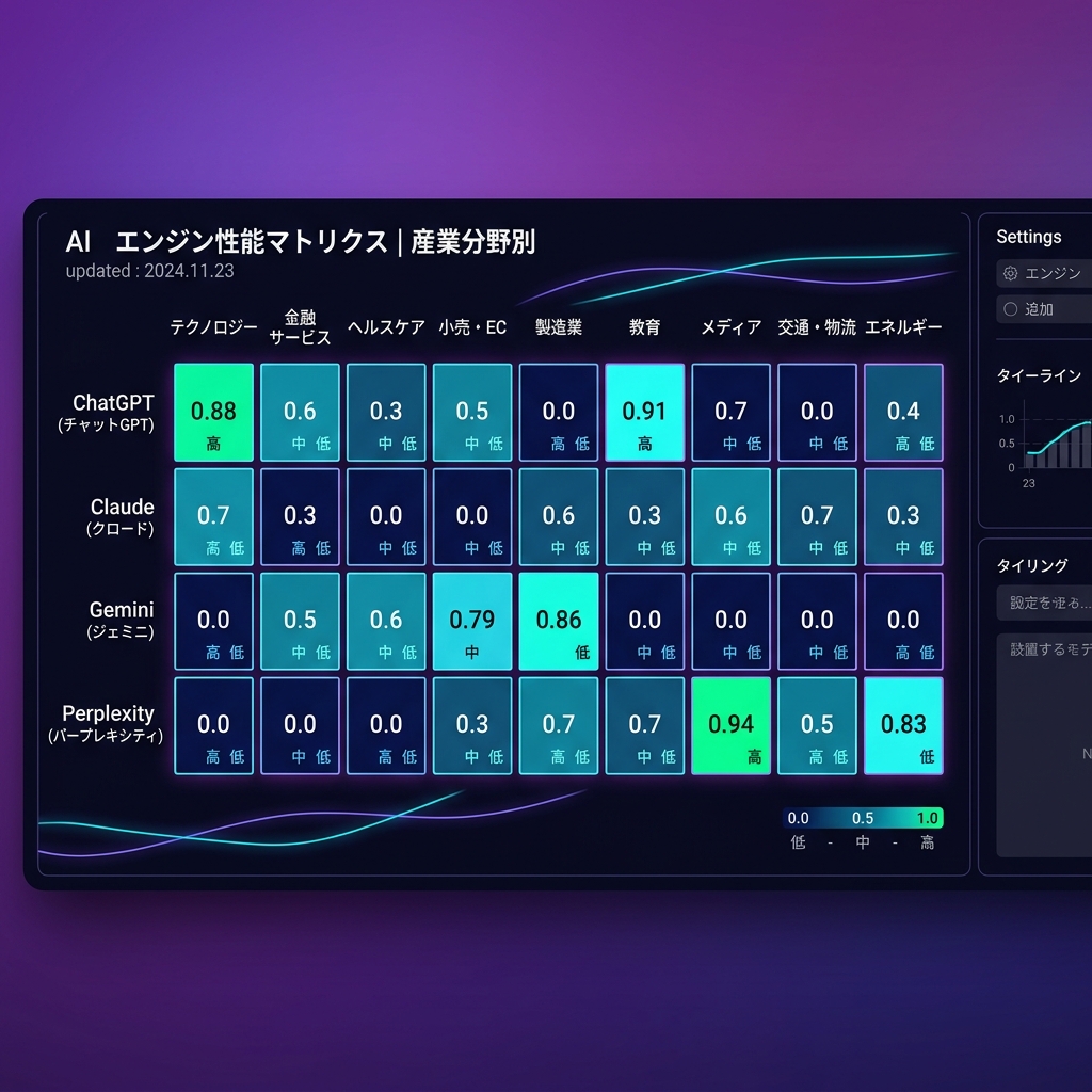 4大AIエンジン×9業界 クロス分析ヒートマップ