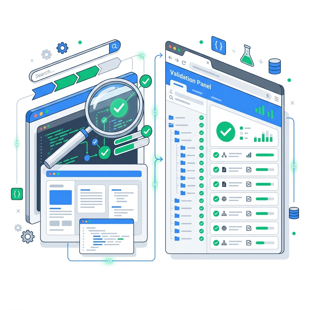 構造化データのテスト・検証ツールの概念図 — バリデーションパネルにチェックマークが並ぶイラスト